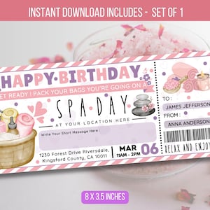 EDITABLE Birthday Surprise Spa Treatment Coupon Reveal For Her, Spa Day Gift Voucher Ticket, Spa Membership Package Instant Download