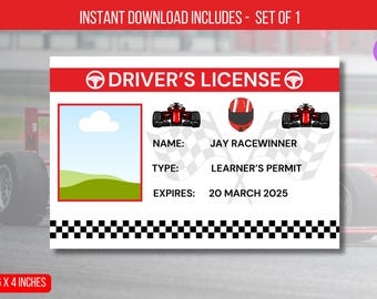 Decorazioni per feste di compleanno per patenti di guida per auto da corsa MODIFICABILI, modello di badge identificativo per patente per bambini, download immediato della carta d'identità
