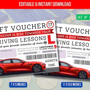 Op de afbeelding: Twee cadeaubonnen voor rijlessen. Elke voucher is wit met rode accenten en heeft een rode autografiek. De tekst bevat "Cadeaubon", "Rijlessen" en "Toegelaten Eén". De vouchers zijn 17,78 x 12,7 cm en 27,94 x 21,59 cm groot.