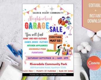 EDITABLE Garage Sale Flyer Template, Neighborhood Yard Sale Template, School Church Flyer Fundraiser, Sale Event Template