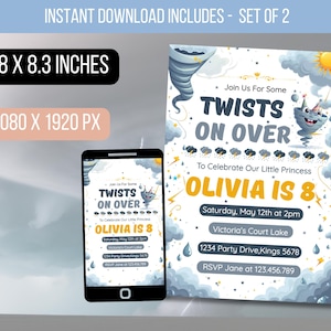 Könnte beinhalten: Digitales Einladungsset für eine Geburtstagsfeier mit einem Cartoon-Tornado-, Wolken- und Sonnendesign. Die Einladung ist 14,7 x 21,1 cm groß und enthält eine passende Handy-Bildschirmanzeige. Der Text lautet "Twists on Over" und "Olivia is 8".