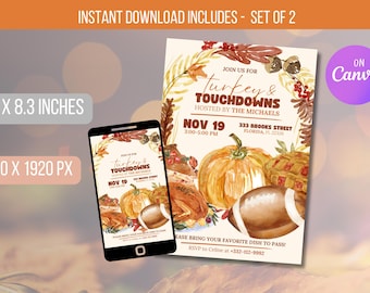Könnte beinhalten: Eine druckbare Thanksgiving-Einladung mit einem Aquarell-Design mit einem Football, Kürbissen und Herbstblättern. Die Einladung lautet "Join us for Turkey & Touchdowns" und enthält das Datum, die Uhrzeit und den Ort der Veranstaltung. Die Einladung steht zum sofortigen Download bereit und umfasst zwei Größen: 5,8 x 8,3 Zoll und 1080 x 1920 Pixel.