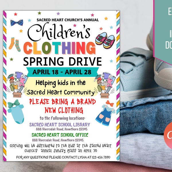 Clothing Drive Flyer, Printable PTA PTO Flyer, School Church Fundraiser, Clothing Swap Rummage Sale Event Poster Printable EDITABLE Template