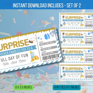 EDITBALE Boleto sorpresa del Día de la Diversión, Invitación del Día Sorpresa de la Diversión con certificado de regalo para niños, Descarga instantánea del cupón digital