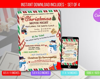 EDITABLE Christmas Movie Night Flyer, School Church Fundraiser Invite, PTA PTO Community Fundraiser Event Flyer Template Instant Download