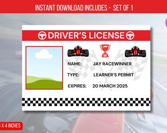 Decorazioni per feste di compleanno per patenti di guida per auto da corsa MODIFICABILI, modello di badge identificativo per patente per bambini, download immediato della carta d'identità