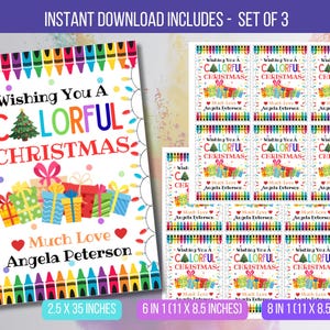 May include: A set of Christmas-themed printables with the text "Wishing You A Colorful Christmas." The design includes a Christmas tree, gifts, and crayon borders. The set includes various sizes, including 2.5 x 35 inches and 11 x 8.5 inches.