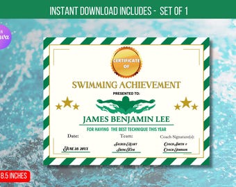 May include: A green and white striped certificate with gold stars and a gold certificate of achievement seal. The text reads "Swimming Achievement" and "Presented to: James Benjamin Lee" for having the best technique this year. The date is June 28, 20XX. The team is Sacred Smart Swim Team. The coach signatures are Coach Smith and Coach Johnson.