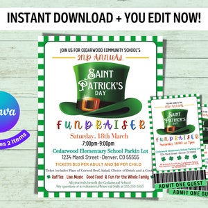 May include: A green and white printable invitation for a Saint Patrick's Day fundraiser. The invitation features a cartoon leprechaun hat with a gold buckle and the text "Saint Patrick's Day Fundraiser". The event is scheduled for Saturday, March 18th from 7:00pm to 9:00pm at Cedarwood Elementary School. Tickets are $10 for adults and $8 for children.
