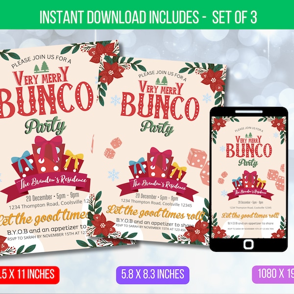 EDITABLE Christmas Bunco Party Invitation, Bunco Dice Party Template, Family Game Night Printable Invite, Digital Template Instant Download