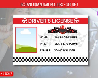 Decorazioni per feste di compleanno per patenti di guida per auto da corsa MODIFICABILI, modello di badge identificativo per patente per bambini, download immediato della carta d'identità