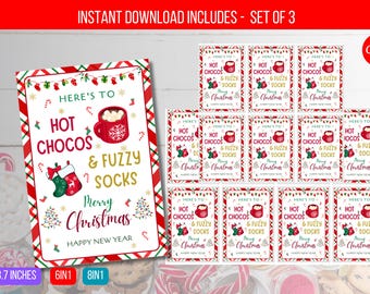 EDITABLE Hot Chocs & Fuzzy Socks Tag, Christmas Gift Tag, Hot Chocolate Printable Tag, Holiday Party Favor Tag Instant Download