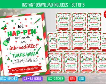 May include: A set of five printable Christmas gift tags with a red, green, and white striped background. The tags feature a red and green ink bottle with a white cap and the text "We hap-pen to think you are ink-redible! Thank you for all you do Merry Christmas from the Andersons".