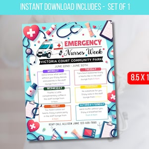 May include: A colorful flyer for Emergency Nurses Week, featuring medical symbols, an ambulance, and event details. The flyer is 8.5 x 11 inches and includes a schedule of events for the week.