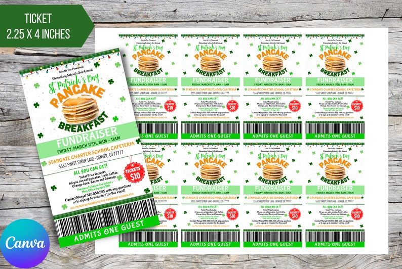 St. Patricks Day Pancake Breakfast Green Fundraiser Flyer and Ticket ...
