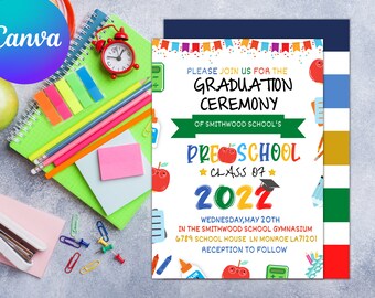 May include: A preschool graduation ceremony invitation with colorful text and illustrations. The invitation includes the date, time, and location of the ceremony. School supplies, an apple, and a clock are also visible.