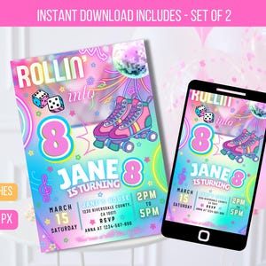 May include: Two digital invitations for a roller skating birthday party. The invitations are in a rainbow colour scheme with neon accents. The text on the invitations reads "Rollin' into 8 Jane is turning 8".