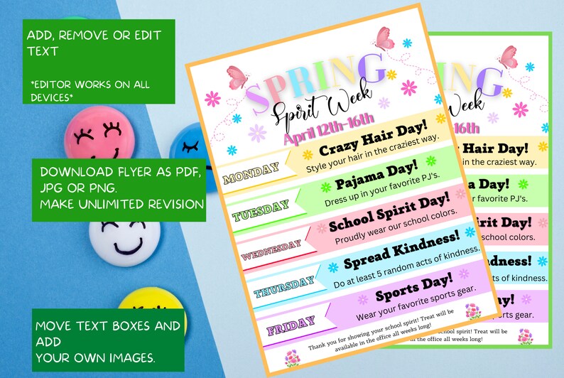 Spring Insight Weeks Spring Spirit Week Editable Itinerary Schedule | Printable DIY Spirit ...