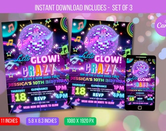 Könnte beinhalten: Ein Satz von drei druckbaren Einladungen für eine Glow-Dance-Party. Die Einladungen zeigen eine Discokugel, Neonfarben und den Text "Let's Glow! Crazy". Die Einladungen sind in drei Größen erhältlich: 8,5 x 11 Zoll, 5,8 x 8,3 Zoll und 1080 x 1920 Pixel.