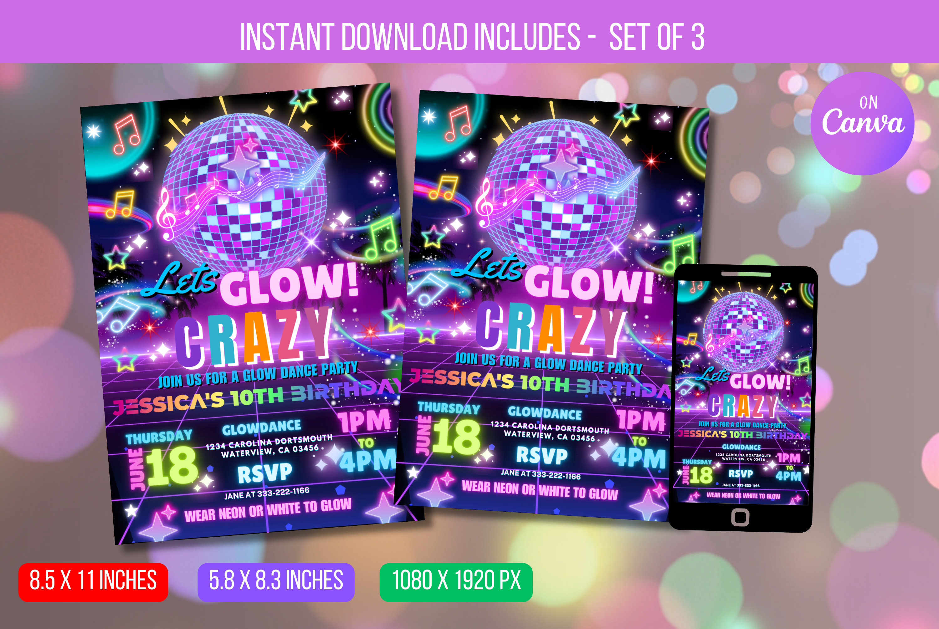 EDITABLE Lets Glow Crazy Glow Dance Party Invite Girls Teen