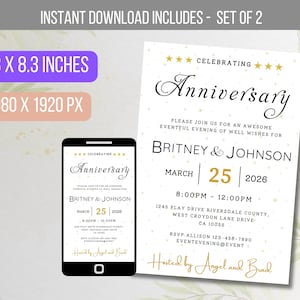 EDITABLE Wedding Anniversary Celebration Invitation, White and Gold Invite Modern Gold Confetti Anniversary Invite Template Instant Download