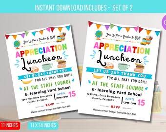 May include: Two printable 8.5 x 11 inch invitations for a teacher and staff appreciation luncheon. The invitations are decorated with colorful flags, a globe, a school bus, and food items like donuts, coffee, and bananas. The text on the invitations reads "Join Up For a Teacher & Staff Appreciation Luncheon" and includes details about the event, such as the date, time, and location.