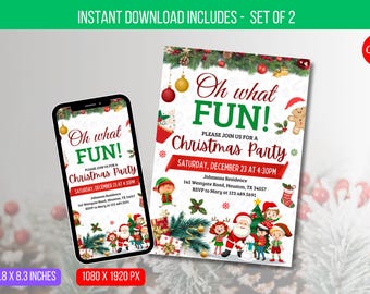 May include: A Christmas party invitation with a festive design featuring a Santa Claus, elves, and a gingerbread man. The invitation is for a party on Saturday, December 23rd at 4:30 PM. The text on the invitation reads "Oh what FUN! Please join us for a Christmas Party".