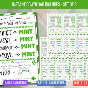 May include: A set of printable mint-themed cards with the words "Commit, Invest, Encourage, Involve, Enjoy" in a green and white design. The set includes three different sizes of cards, with the largest measuring 27.9 x 21.6 cm.