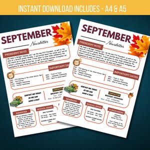 EDITABLE September Newsletter Template, Classroom Printable Handout Flyer, PTO PTA Newsletter Flyer, School Events Handout Instant Download