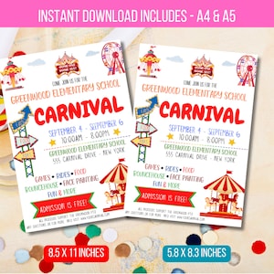EDITABLE Carnival Flyer, Printable PTA PTO Flyer, School Church Benefit Fundraiser Event Poster, Digital Circus Party Printable Invitation