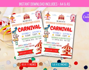 EDITIERBARER Karneval-Flyer, druckbarer PTA PTO-Flyer, Benefiz-Spendenspenden-Veranstaltungsplakat für die Schulkirche, druckbare Einladung zur digitalen Zirkusparty