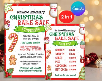 May include: A red and green Christmas bake sale flyer with a snowman and gingerbread man. The flyer advertises a bake sale fundraiser for the Kids of Hope Foundation. The flyer includes the date, time, location, and contact information. The flyer also includes a price list for cookies, donuts, cakes, pies, cupcakes, and hot cocoa.