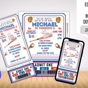 Baseball Invitation - Birthday - Sports Ticket Style, Phone invitation Instant Download template, Electronic birthday invitation template