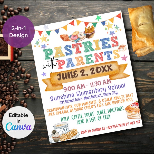 EDITABLE Pastries with parents, PTA/PTO Breakfast School Fundraiser, Parent Breakfast Parent Appreciation Fundraiser