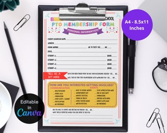 Printable/Editable PTO PTA Membership Form, Pto/pta Parent Volunteer Sign Up Form Template, Back to School Recruitment, CANVA Template