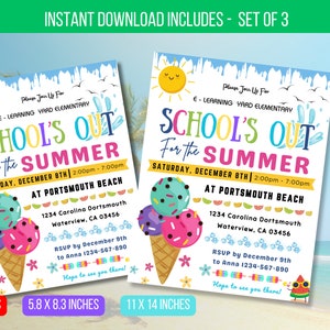 Op de afbeelding: Printbare uitnodiging voor een "School is uit voor de zomer"-feest. De uitnodiging toont een kleurrijke ijshoorn met sprankelingen en een strandscene. De tekst luidt "School is uit voor de zomer" en bevat de datum, tijd en locatie van het evenement. De uitnodiging is verkrijgbaar in drie formaten: 8,5 x 11 inch, 5,8 x 8,3 inch en 11 x 14 inch.