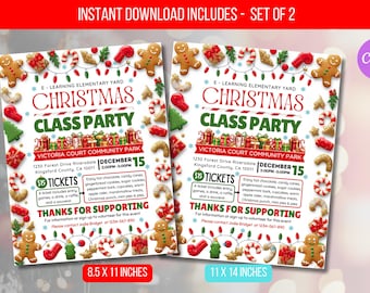 May include: Two Christmas class party flyers with festive decorations. The flyers feature gingerbread men, candy canes, and gift boxes. Text includes "Christmas Class Party" and event details. One flyer is 8.5 x 11 inches, the other is 11 x 14 inches.