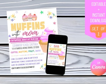 Muffins editables con mamá, invitación del Día de la Madre, recaudación de fondos de agradecimiento a la madre de la escuela, brunch del Día de la Madre de PTA/PTO