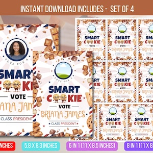 Peut inclure: Ensemble de 4 affiches imprimables sur le thème du "Smart Cookie". Chaque affiche présente un portrait, le texte "Votez pour un Smart Cookie" et le nom "Briana James". Les affiches sont disponibles en plusieurs tailles, dont 21,6 x 27,9 cm.