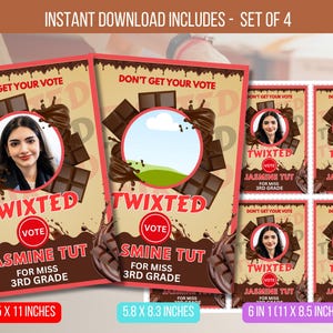 Könnte beinhalten: Set aus vier druckbaren Postern mit Schokoladen-Thema. Jedes Poster zeigt ein Porträt, Schokoriegel und den Text "TWIXTED" und "JASMINE TUT FOR MISS 3RD GRADE". Die Poster sind in den Formaten 21,6 x 27,9 cm, 14,7 x 21,1 cm und sechs 27,9 x 21,6 cm erhältlich.