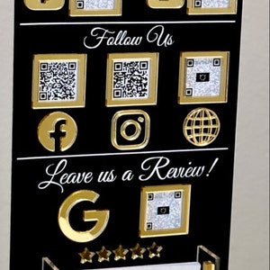 Bord met 6 QR-codes met houder voor visitekaartjes | Borden voor sociale media | Betaalborden | Bedrijfsborden