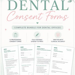Könnte beinhalten: Ein Bündel von Zahnarzt-Einverständniserklärungen in Mintgrün und Rosa. Die Formulare umfassen Bereiche wie Lachgas, Oralchirurgie und allgemeine Behandlung. Der Text "Complete Bundle for Dental Offices" ist ebenfalls enthalten.