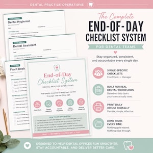 Può includere: Un sistema di checklist per studi dentistici con accenti rosa e verdi. L'immagine include moduli per igienisti dentali, assistenti e la reception. Il testo recita "End-of-Day Checklist System" e "For Dental Teams."