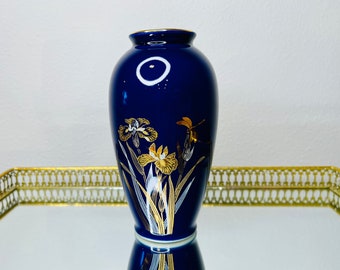 Blue Japanese Porcelain Bud Vase Gold Irises Made In Japan 6” Vintage