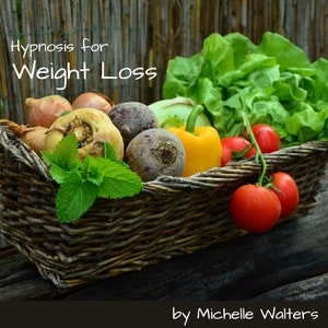 May include: A wicker basket filled with fresh vegetables, including lettuce, tomatoes, onions, beets, and a yellow bell pepper. The text "Hypnosis for Weight Loss" is written in white letters on a brown background.