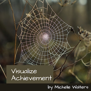 Könnte beinhalten: Ein Spinnennetz mit Tautropfen, die im Sonnenlicht glitzern. Das Netz ist ein wunderschönes, kompliziertes Muster aus Fäden mit einer zentralen Nabe. Der Text "Visualize Achievement" steht unter dem Netz, darunter der Name des Autors "by Michelle Walters".