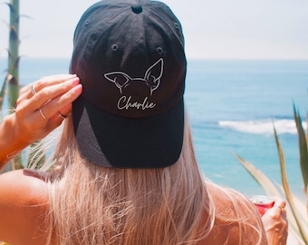 Custom Dog Ear Line Drawing Dad Hat Personalized with Pet&#39;s Name and Breed, Distressed Baseball Cap for Dog Lovers, Gift for Her Dog Mama