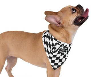 Checkered Bandana with Name for Dogs, Personalized Pet Neckwear, Custom Fabric Collar, Cute Retro Checker Print Dog Clothes for Summer