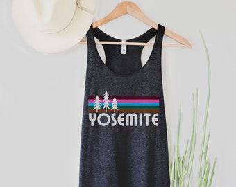 YOSEMITE Tank Top, Summer Hiking Tank tops for Women, National Park Shirts, Retro Trees Graphic Tee, Workout, Outdoors Shirts, RV Shirt