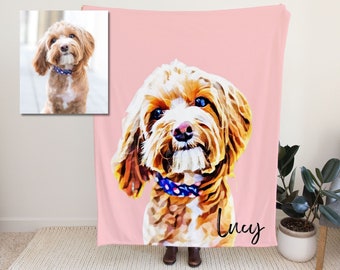 Custom Pet Portrait Blanket with Dogs Face and Name, Customized Dog Picture Blankets, Personalized Cat Dad Gifts, Pet Memorial Gifts for Her